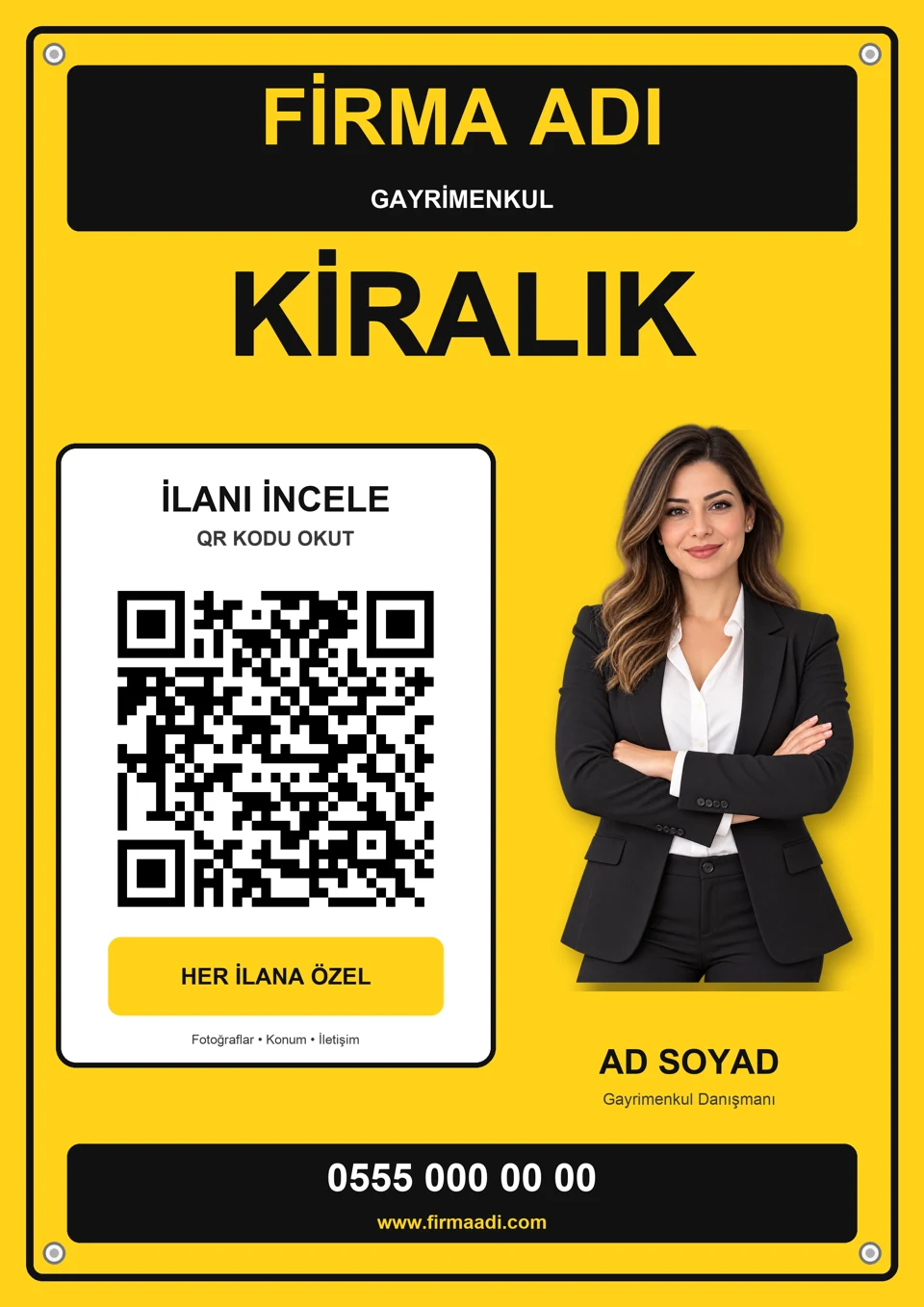 Kiralık ilanına özel QR kodlu, baskıya hazır emlak afişi